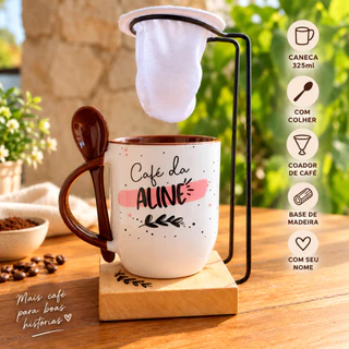 Kit Caneca com Nome + Coador de Café Individual e Colher 325ml