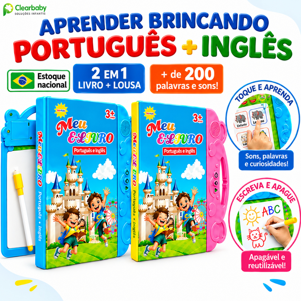 Livro Sonoro Interativo para Crianças Português e Inglês Livro Ilustrado Bilíngue Brinquedo