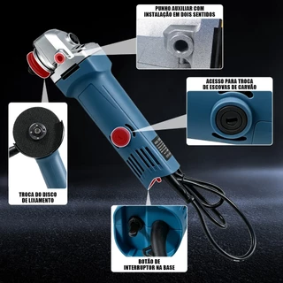 Esmerilhadeira Angular Elétrica Potente, Com Fio, 110V/220V, Interruptor Deslizador Traseiro, Operação com uma Mão, Alta