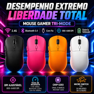 Mouse Gamer Uniwity 3 Modos Bluetooth 5.4, 2.4G e Com Fio 6400 DPI Recarregável Ultraleve 65g