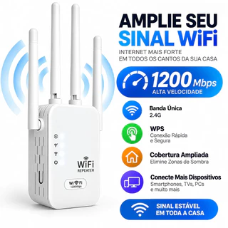 Repetidor Wifi 1200Mbps Amplificador de sinal 2.4G 4 Antenas Modem Fácil Instalação Dupla pressão