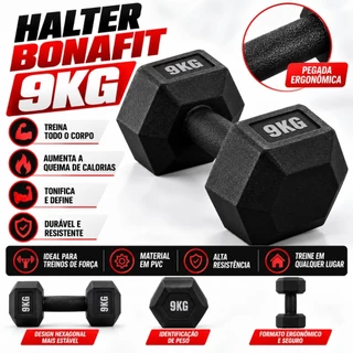 Halter Dumbell Cement Sextavado Bonafit 9kg Preto