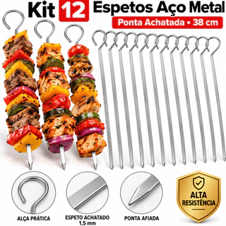 Kit Espeto Churrasco Reutilizável Resistente Ponta Achatada Aço Metal