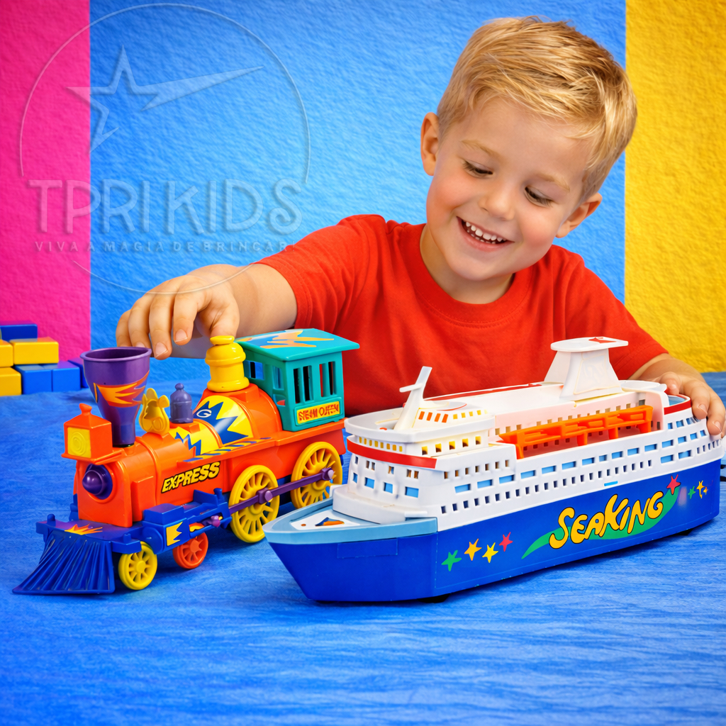 KIT TREM NAVIO DE BRINQUEDO GRANDE I ANTIL CRUZEIRO FLUTUA NA ÁGUA E LOCOMOTIVA MARIA FUMAÇA MENINO MENINA