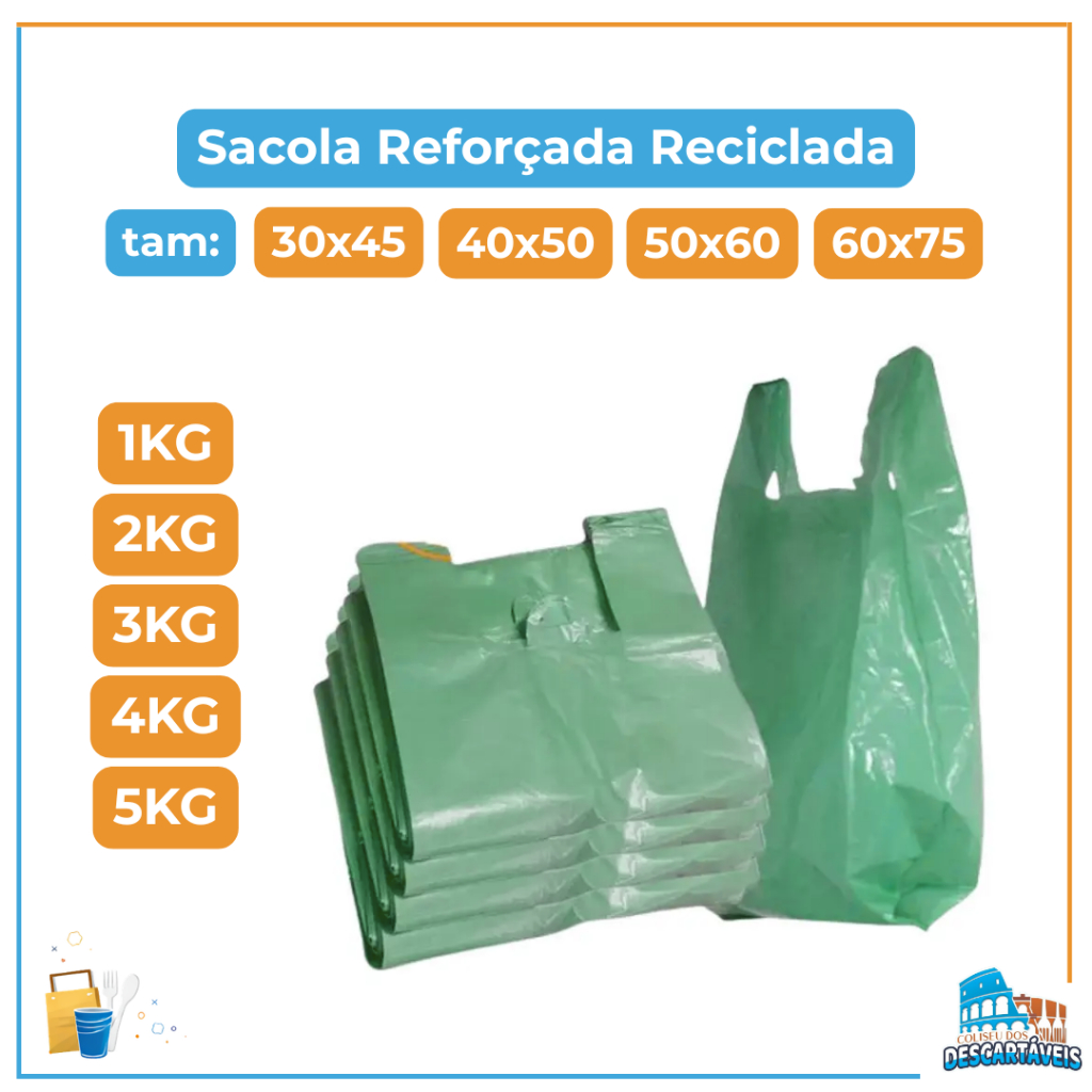 Sacola Plástica Reciclada Reforçada Para Mercado Padaria Aço