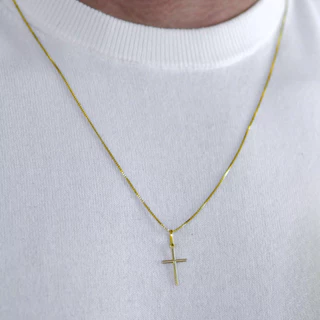 Corrente Colar Fininha Crucifixo Cruz Pequeno Masculino Banhado Ouro 18k Cordão Fino Veneziana