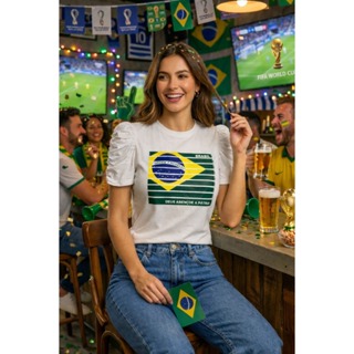 Camiseta Feminina Brasil Manga Bufante Estampa Bandeira Moda Casual Confortável em Oferta na Shopee