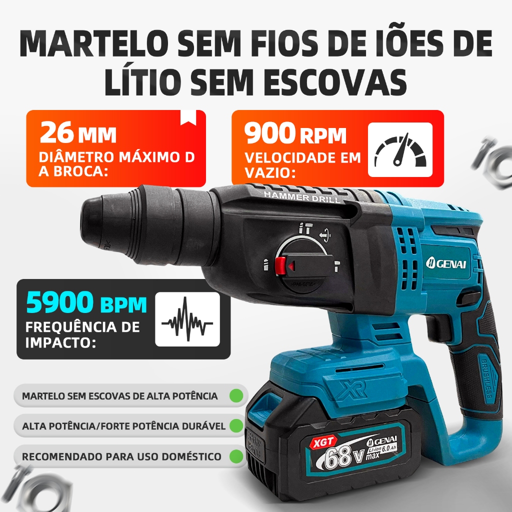 68V Kit Ferramentas 5 em 1 Parafusadeira Martelo Perfurador Chave