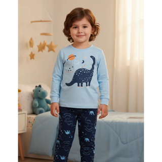 Pijama Infantil Masculino Inverno Dino - Hey Kids Azul Claro em Oferta na Shopee