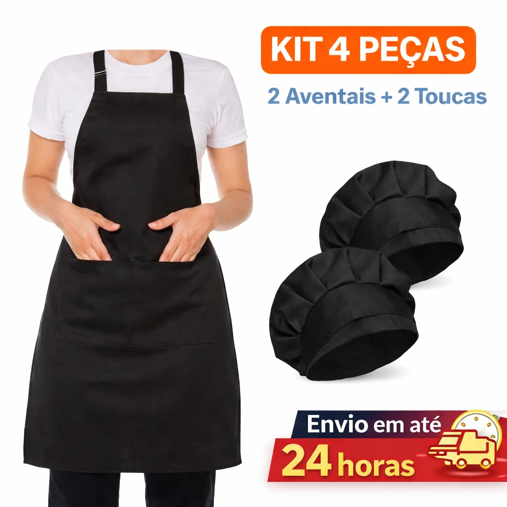 Kit 4 Peças 2 Aventais Preto Oxford + 2 Toucas Cozinha Profi