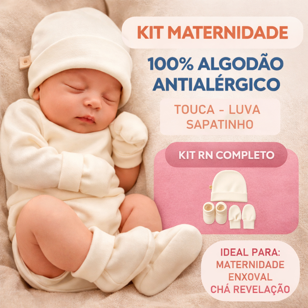 Kit RN Maternidade Bebê 100% Algodão Antialérgico Touca Luva Sapatinho Enxoval Completo