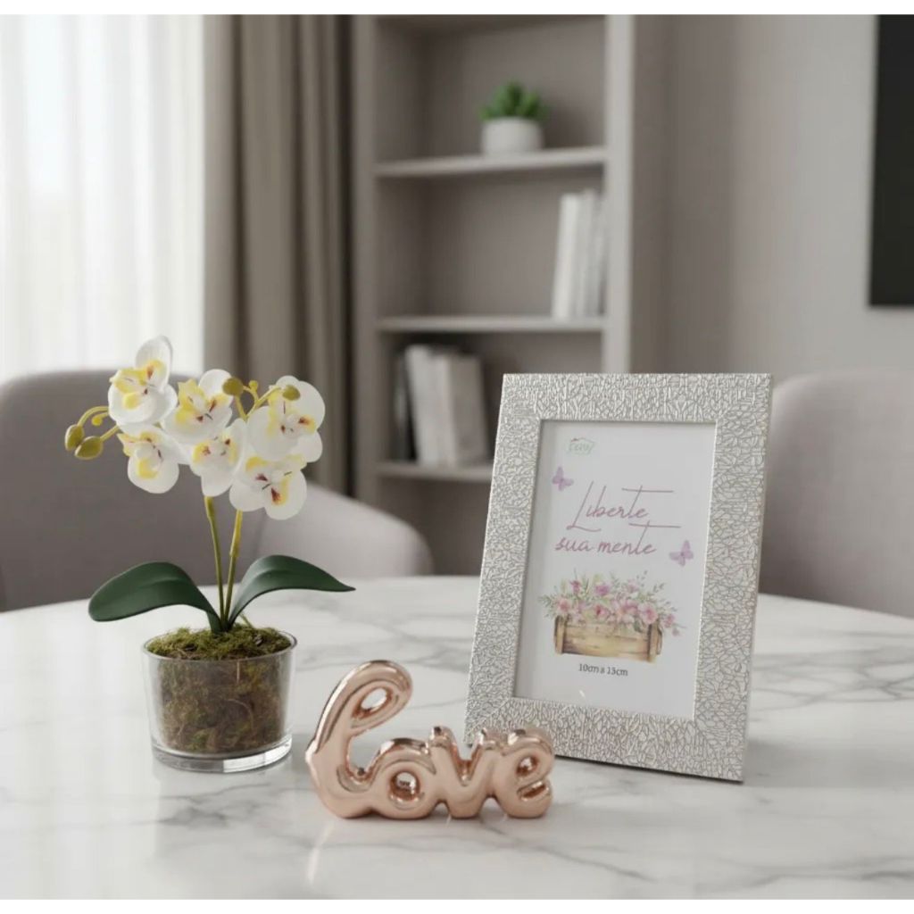 Kit Decoração Sala Luxo Palavra Love Porta Retrato Vaso Gold