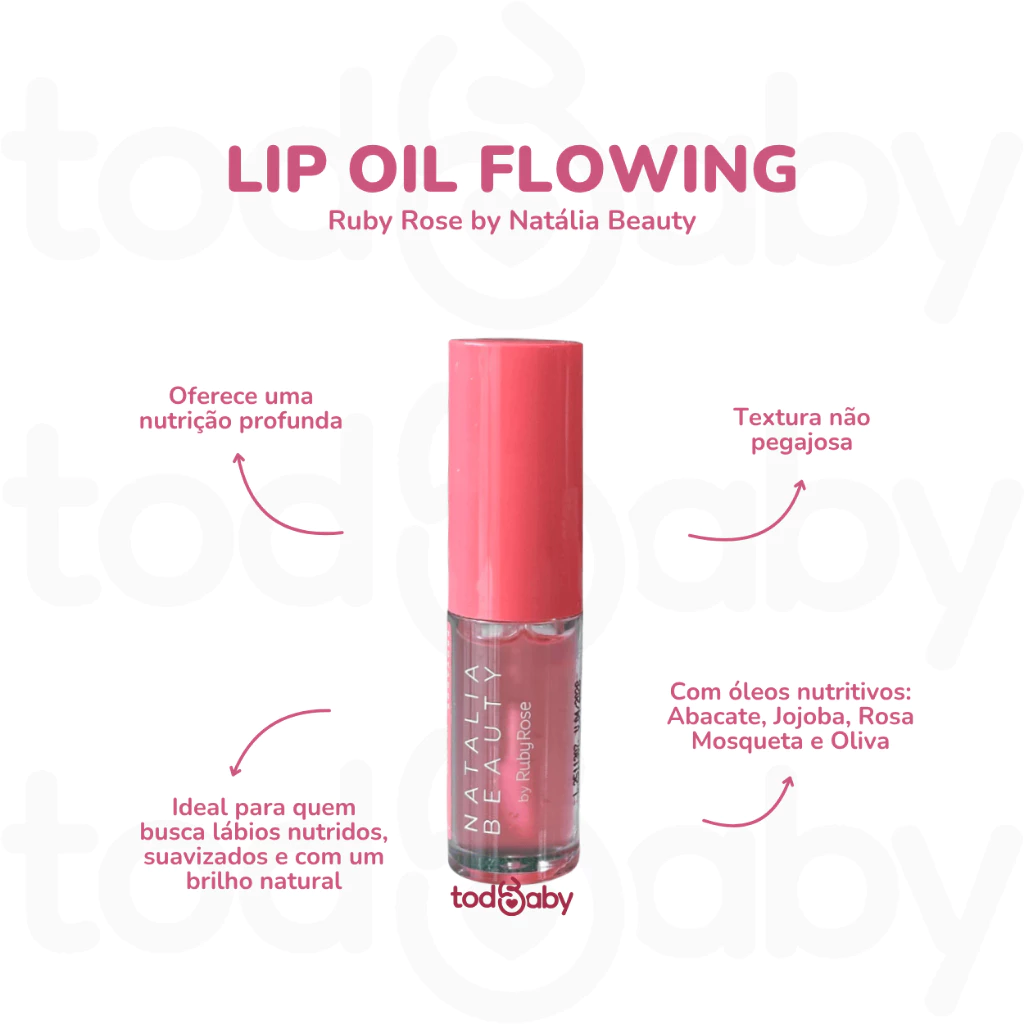 Imagem promocional do Lip Oil Natalia Beauty destacando os benefícios de nutrição e textura não pegajosa