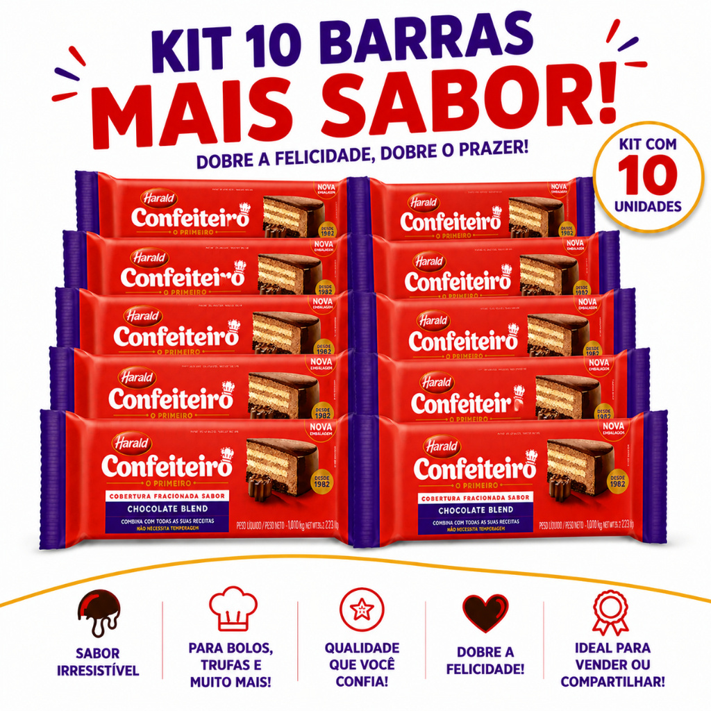 KIT 10 Cobertura Chocolate Blend Harald 1,01kg Fracionada Pa