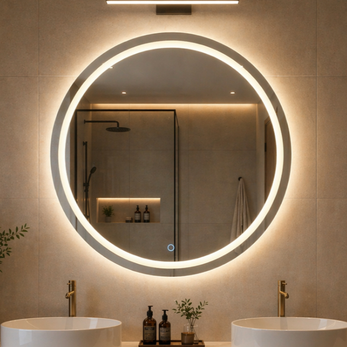 Espelho Grande Redondo 60x60 cm Jateado com Led 3 Cores Botão Touch Decoração Quarto Banheiro