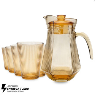 Conjunto de 1 Jarra de Vidro Âmbar com Tampa e 6 Copos – 7 Peças 
