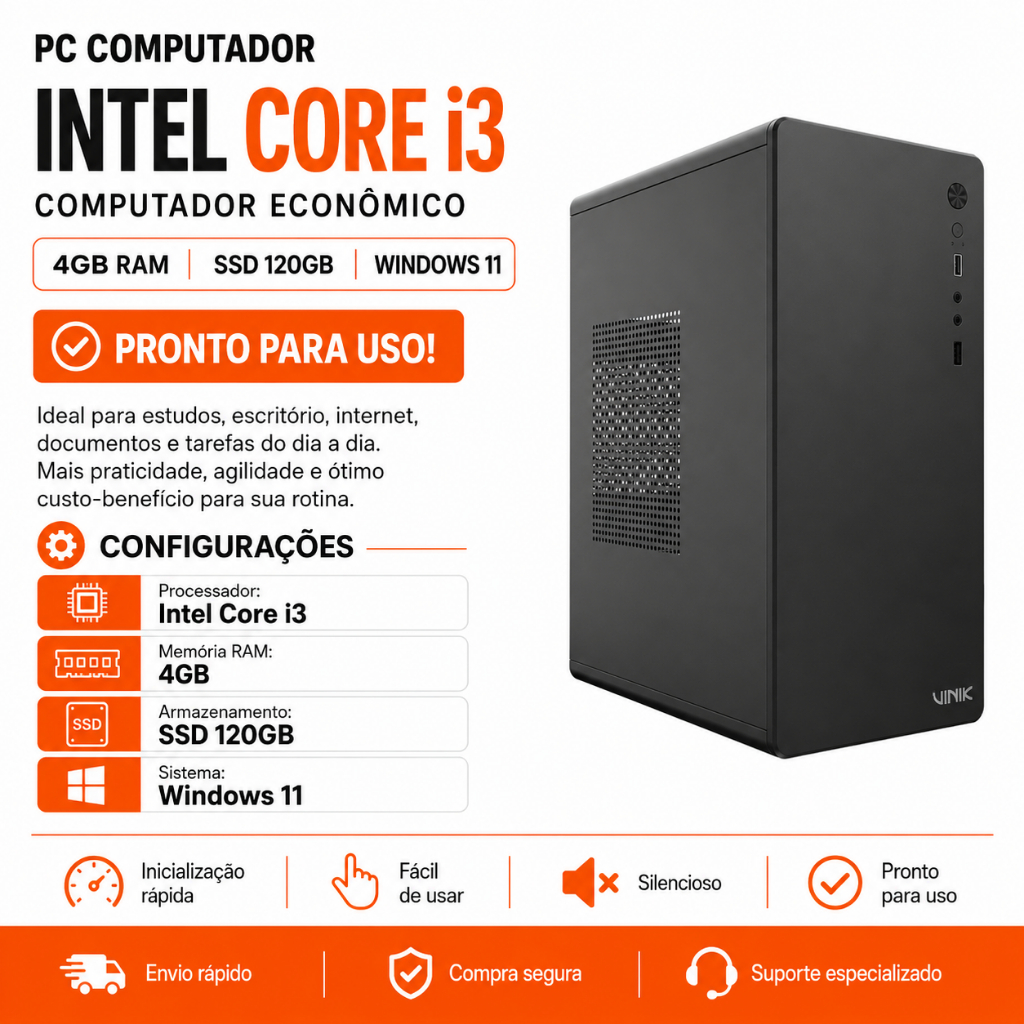 PC Computador Intel Core i3 4GB RAM SSD 120GB Windows 11 | Computador Econômico