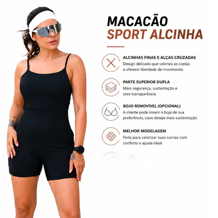 Mulher de perfil usando macaquinho fitness preto, com lista de benefícios técnicos ao lado como alças cruzadas e bojo removível
