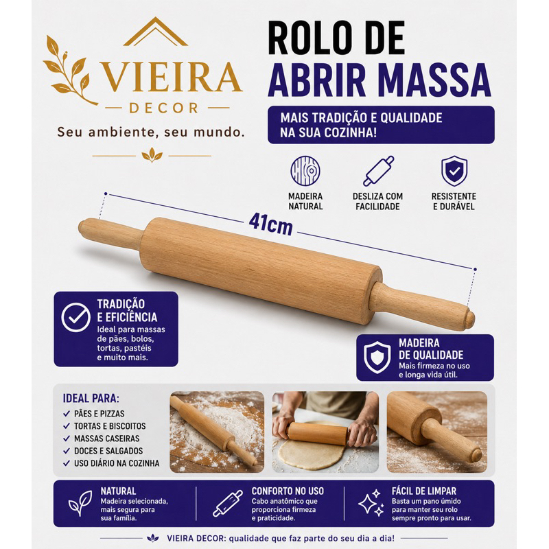 Rolo de abrir massa em madeira 41 cm