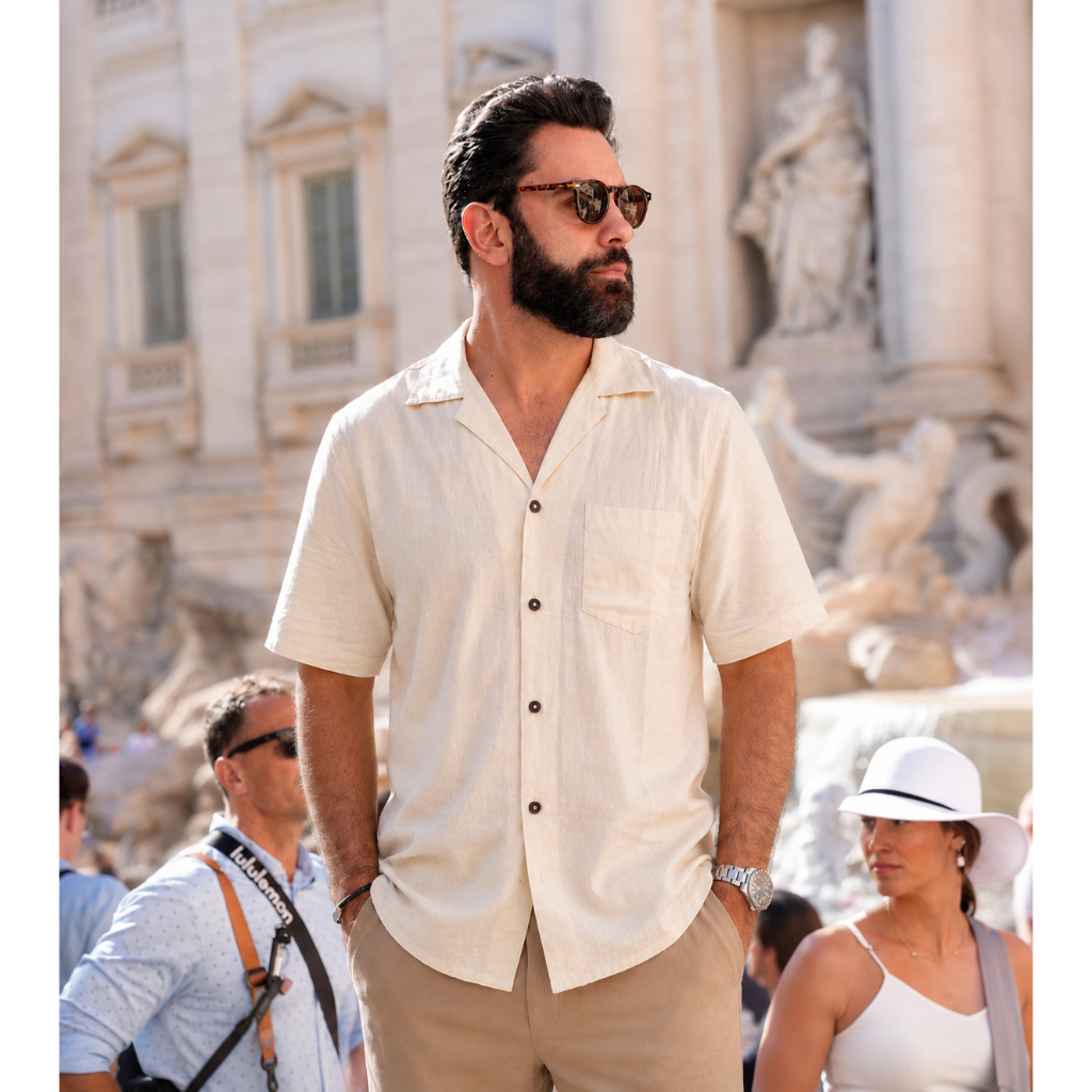 Camisa Linho Masculina Com Botões Old Money Estilosa Gola Cubana