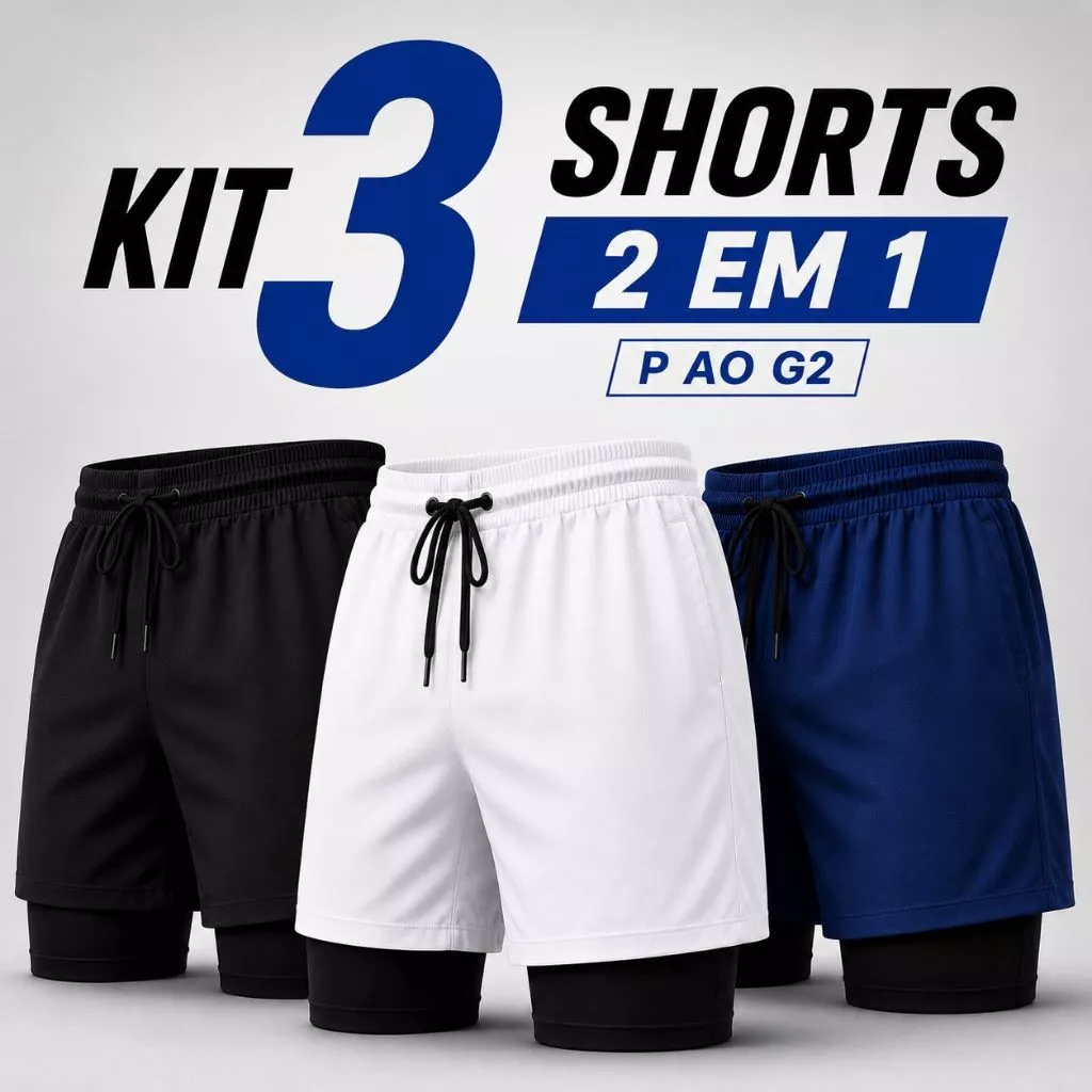 Kit 3 Shorts 2 em 1 PLUS Masculino Iron Bull Dry Corrida e Academia com Forro de Compressão