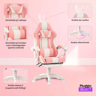 Cadeira Gamer c/ Massageador Lombar Orelhinha De Coelho Apoio de Pé Ergon Reclinável Giratória 150Kg