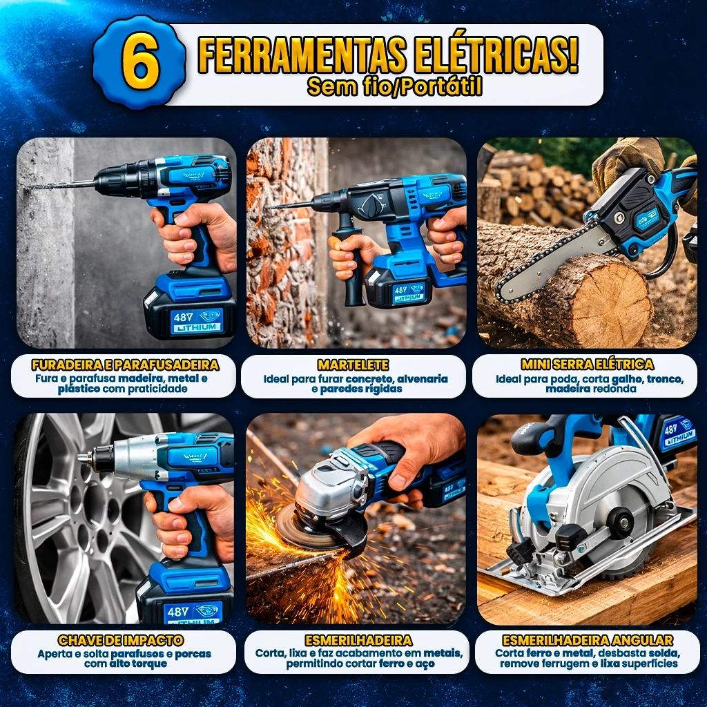 Kit 6 Ferramentas com Furadeira Parafusadeira Martelete Chave de Impacto Esmerilhadeira Serra 48v - Imagem 4