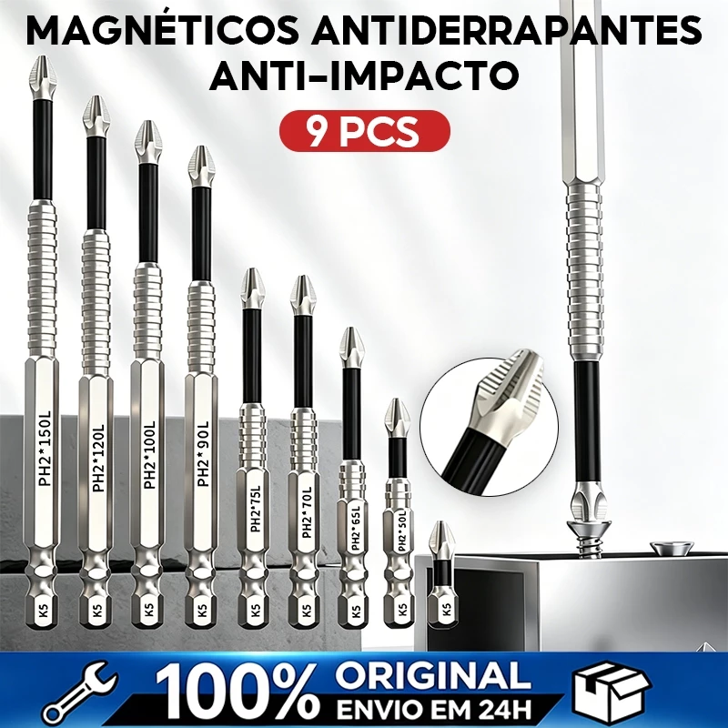 kit 9 bits ph2 philips magnéticos antiderrapantes, resistentes a impacto, liga s2 para parafusadeira de impacto