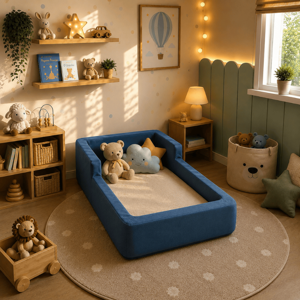 Cama Montessoriana Infantil Estofada com Proteção Lateral 100% Espuma D28 Conforto e Segurança Premium