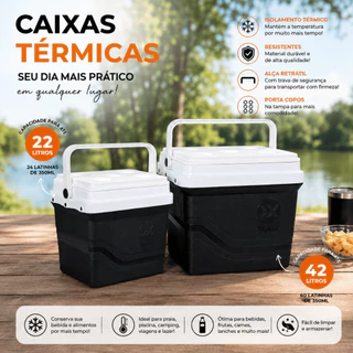 Caixa Térmica 22L 42L Conserva Bem c/ Alça Ideal p/ Viagem Praia Camping Piquenique Passeio Promoção