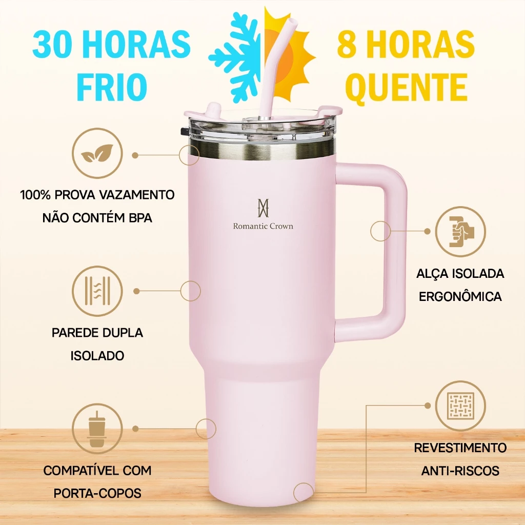 ROMANTIC CROWN Copo Térmico Inox Portátil 1200ml/600ml/1.2L Garrafa Térmica Inoxidável com Tampa e Canudo - Imagem 2