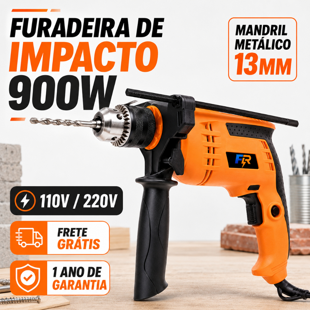 Furadeira de Impacto Parafusadeira 900W 13mm 110V ou 220V Mandril Metálico 3200RPM Alta Potência