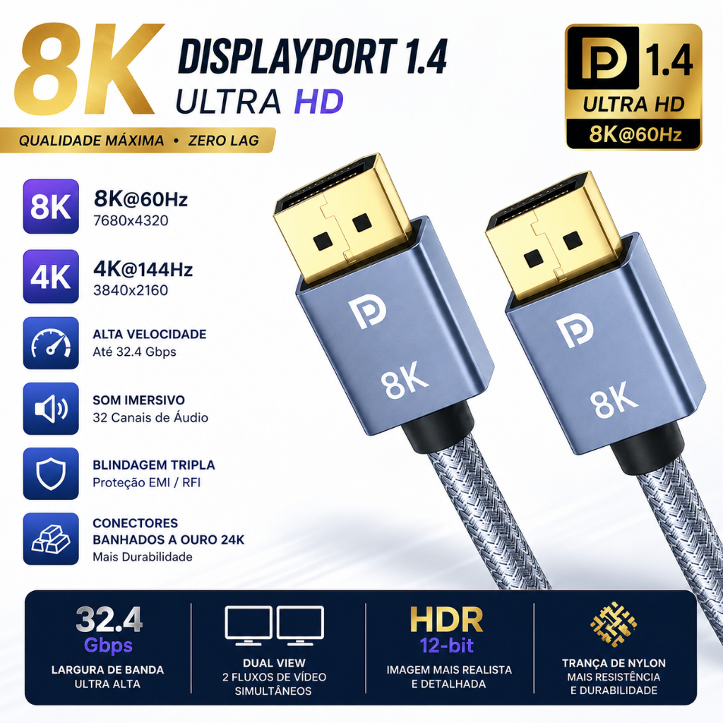 Cabo DisplayPort 1.4 8K 4K 144Hz 240Hz HDR Ultra HD para Monitor PC ...