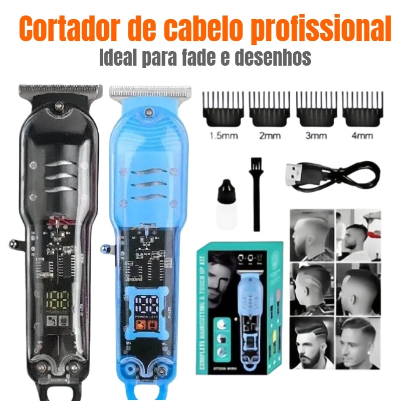 Máquina de Cortar Cabelo Profissional Sem Fio Barbeador Elétrico Smart LCD Transparente Recarregável Masculino