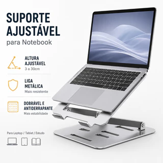 Suporte para Notebook Ajustável em Metal Ergonômico Dobrável Base Elevada 10 a 15,6 Pol. Prata/Preto