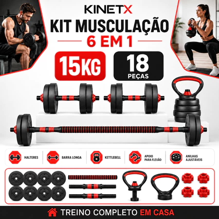 Kit Halteres 15kg 6 em 1 com Barra Longa Kettlebell Ajustáveis Anilhas para Musculação e Treino em Casa