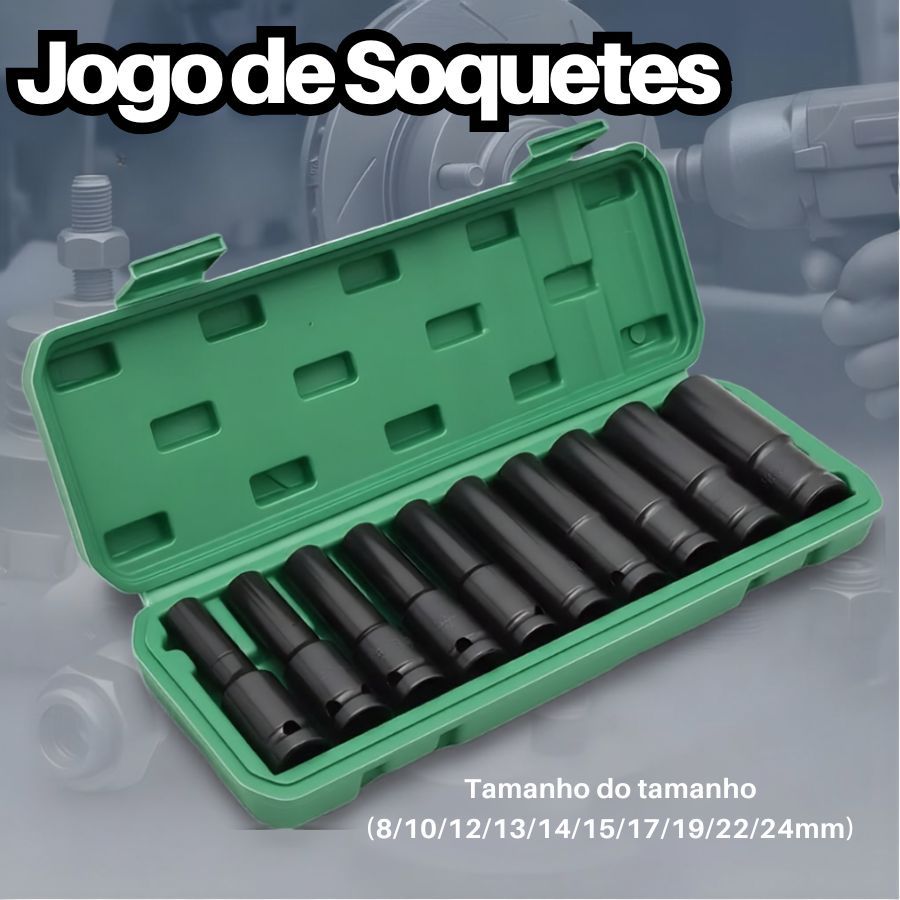 Jogo de Soquetes Longo para Impacto 1/2 – 10 Unidades (8 a 24mm)