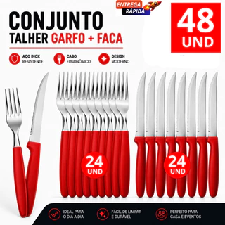 Kit 48/36/24 ou 12 Talheres Garfos Facas de Inox Cabo Vermelho para Churrasco Jantar Bares e Restaurante