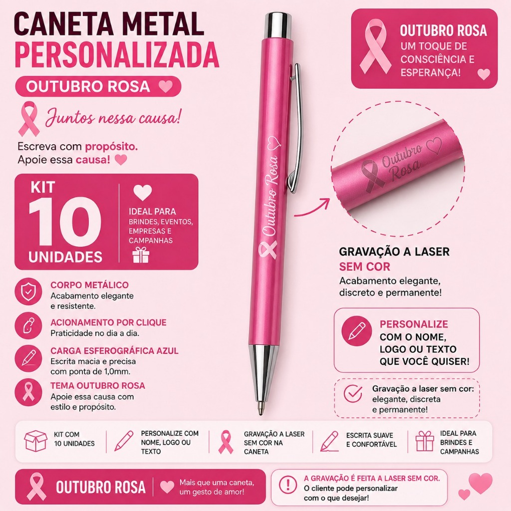 Caneta Metal Personalizada Outubro Rosa – Kit 10 Unidades | Nome ou ...