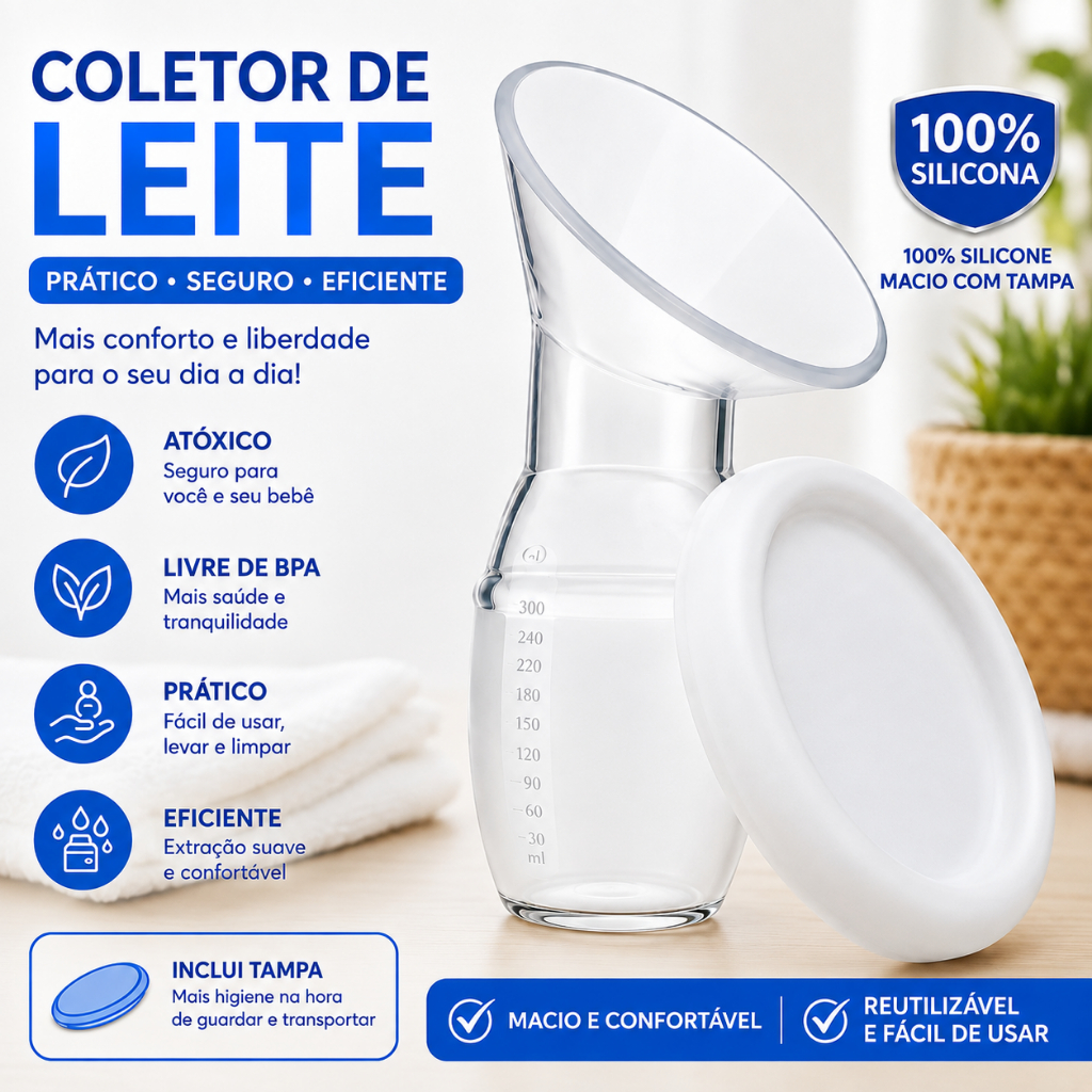 Copo Coletor Extrator de Leite Materno 100% Silicone Premium Ajustável