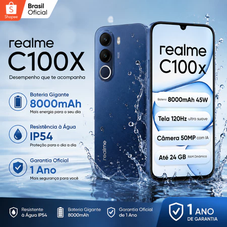 Celular realme C100X Smartphone 4 256 GB Bateria 8000mAh Original Versão Global NFC Tela 6.74