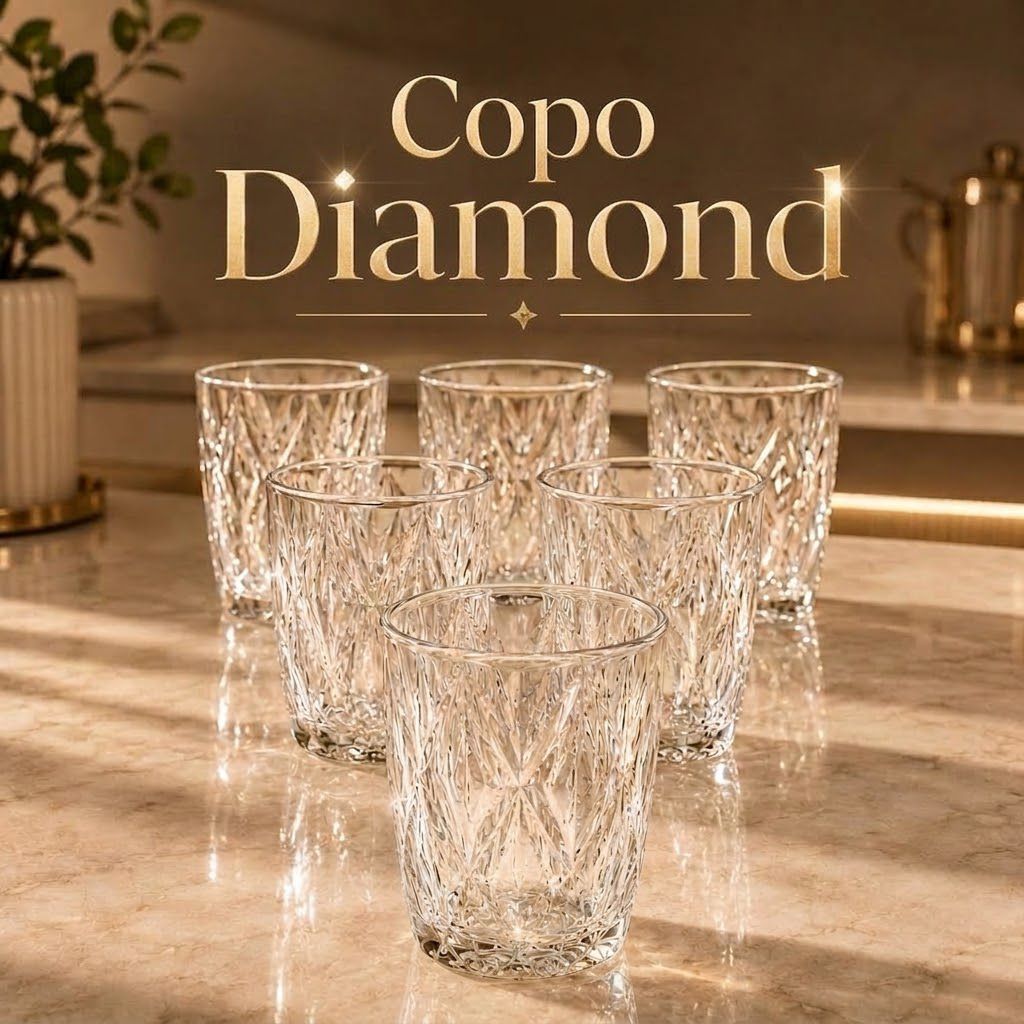 Kit Copos Diamond 300ml Vidro Grosso Reforçado Água Suco Whisky Diamante Luxo