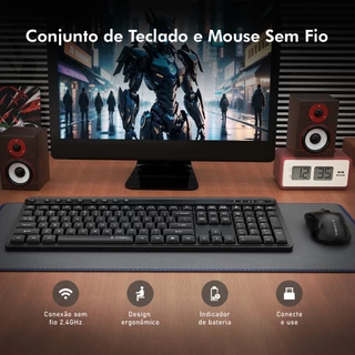 E-COIBEU Conjunto Teclado e Mouse Sem Fio Silencioso 2.4G ABNT2 Preto para Jogos e Escritório