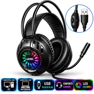 Fone De Ouvido Headset Gamer V-Shield Usb Rgb Com Microfone Para Pc Notebook Som Estéreo Cabo 1,80m Beesclover Preto