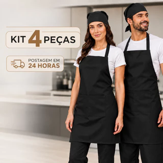 Kit 4 Peças Avental Oxford Preto + 2 Bandanas Cozinha Restaurante Profissional Unissex