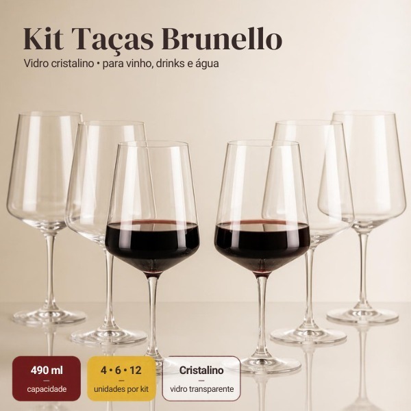 Jogo Kit 04/06/12 Taças Vidro Cristalino Brunello 490ML Vinho Água Tinto Suave Grande Buffet Hotel