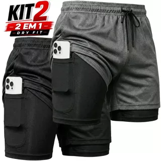 KIT 2 Shorts 2 em 1 Masculino Dry Fit Academia Corrida Fitness Compressão Bolso Celular Musculação