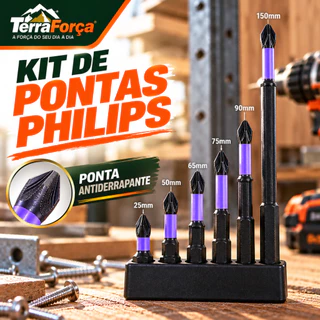 Kit 6 Bits Phillips PH2 Aço S2 Magnéticos Antiderrapantes 25-150mm Para Parafusadeira e Chave de Impacto