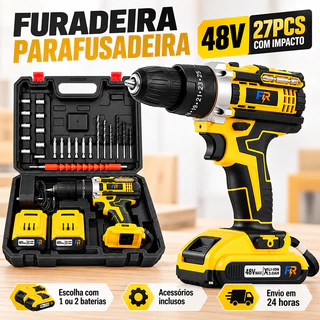 Parafusadeira Furadeira de Impacto 48V Sem Fio 3 Funções com Bateria e Maleta Kit de Acessórios
