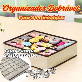 Organizador Dobrável 24 Divisórias Com Tampa Transparente Anti Poeiras Para Gavetas E Guarda Roupas em Oferta na Shopee